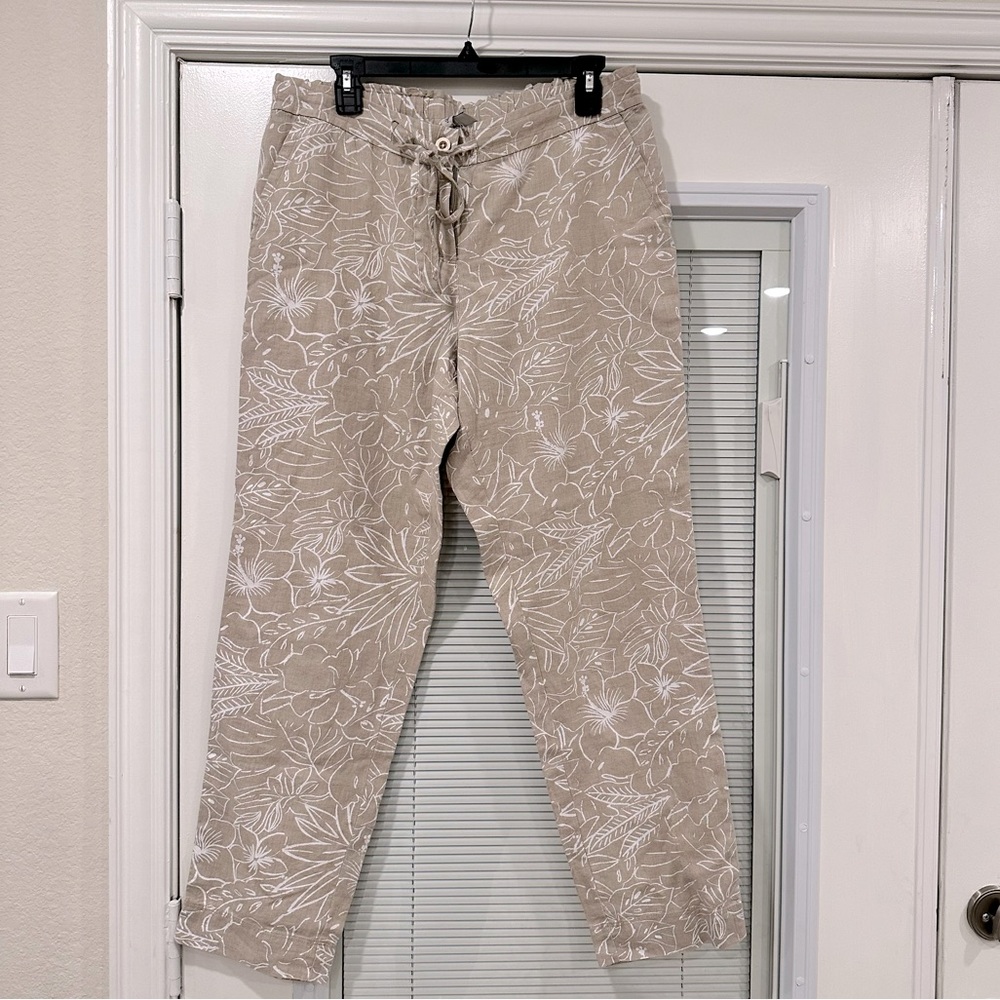 Tommy Bahama Women Ombra Blossom Taper Pants Linen Floral Khaki Sz M : NWOT